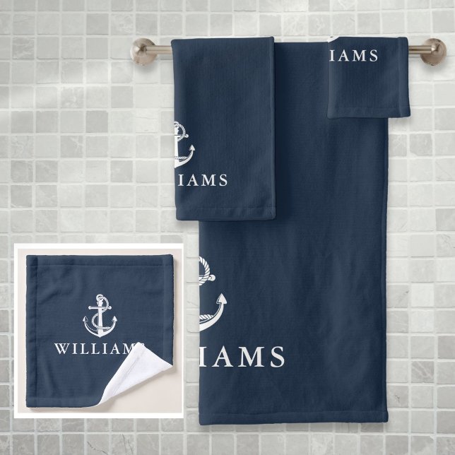 Nom personnalisé Marine Blue Nautical Boat Ancre (Custom Name Navy Blue Nautical Boat Anchor Bath Towel Set)