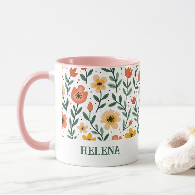 Nom personnalisé Message personnalisé Mug floral (Avec donut)