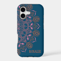 Nom personnalisé Modern Blue Boho Floral Mandala