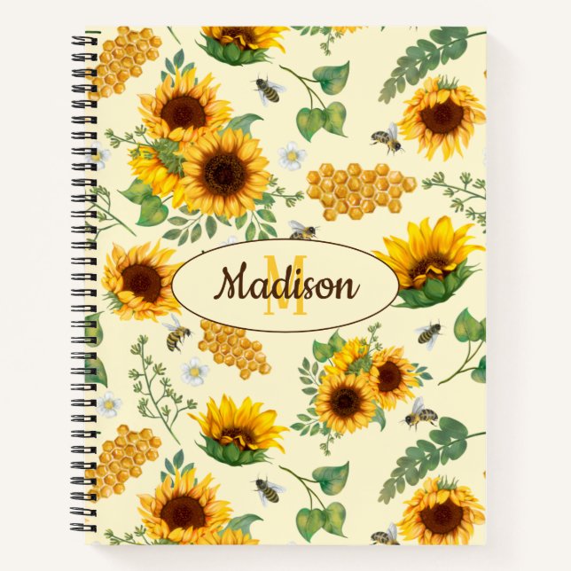 Nom personnalisé Monogramme Carnet Tournesols Miel (Devant)