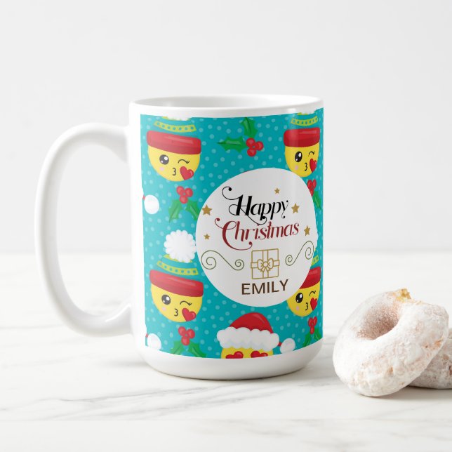 Nom personnalisé Mugs cadeaux de Noël - Mugs Emoji (Avec donut)