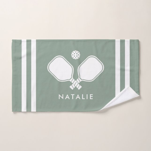 Nom personnalisé Pickleball Sage Green Stripes (Serviette à main)
