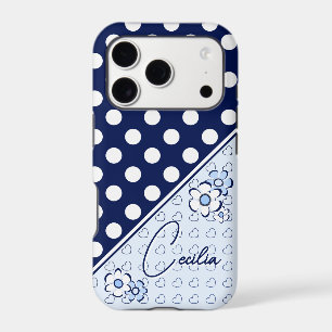 Nom personnalisé pois fleurs et cœurs bleu