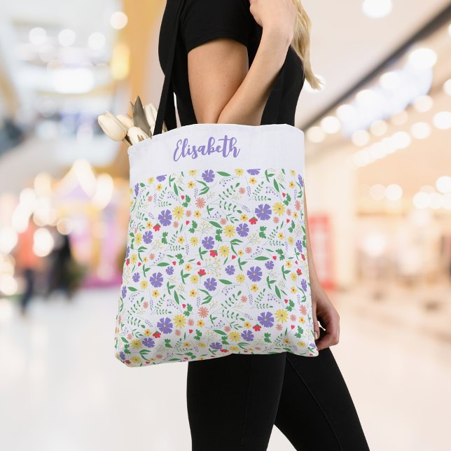 Nom personnalisé Sac fourre-tout de printemps, Flo (Personalized Name Tote Bag - Cute Pastel Floral Design)