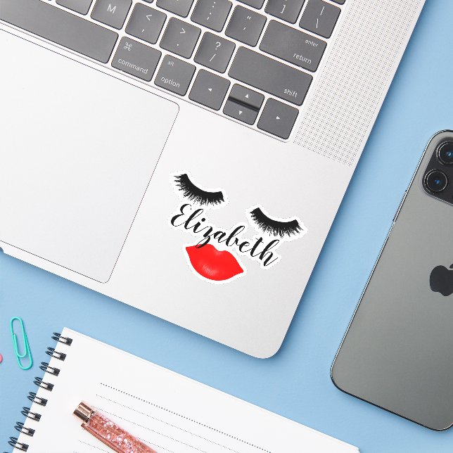Nom personnalisé Sticker rouge lèvres et cils de f (Ordinateur portable avec iPhone)