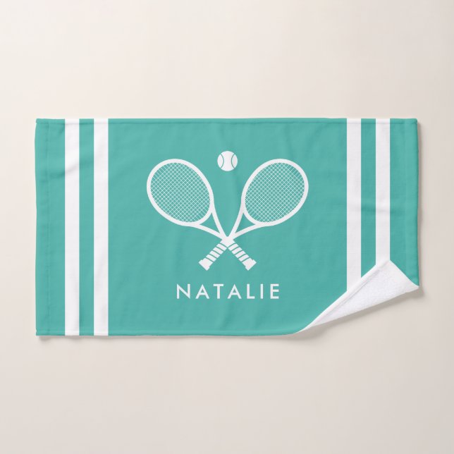 Nom personnalisé Tennis Turquoise Blue Stripes (Serviette à main)