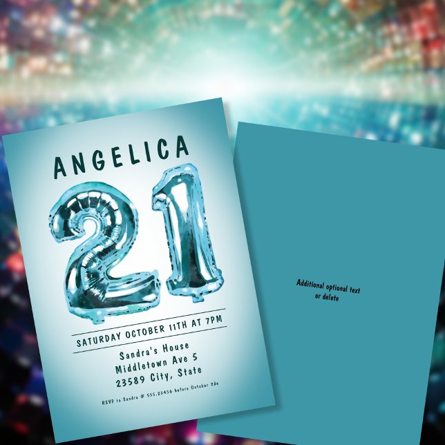 Nombre Ballons 21e Invitation d'anniversaire (Number Balloons 21th Birthday Invitation. Gender Neutral Teal.)