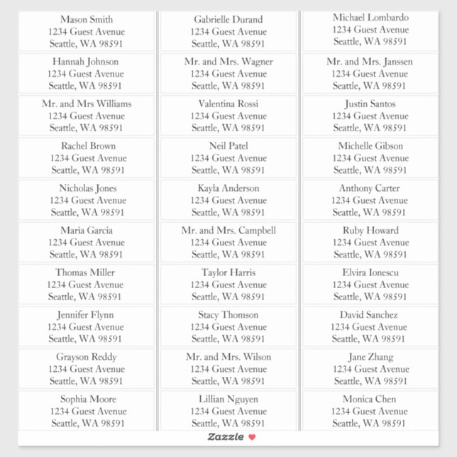 Noms simples Mariage Étiquettes de adresse invités (Feuille)