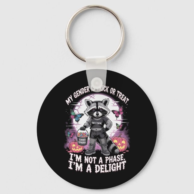 Non-binary Halloween Raccoon Pronouns Not A Phase  Keychain (Front)