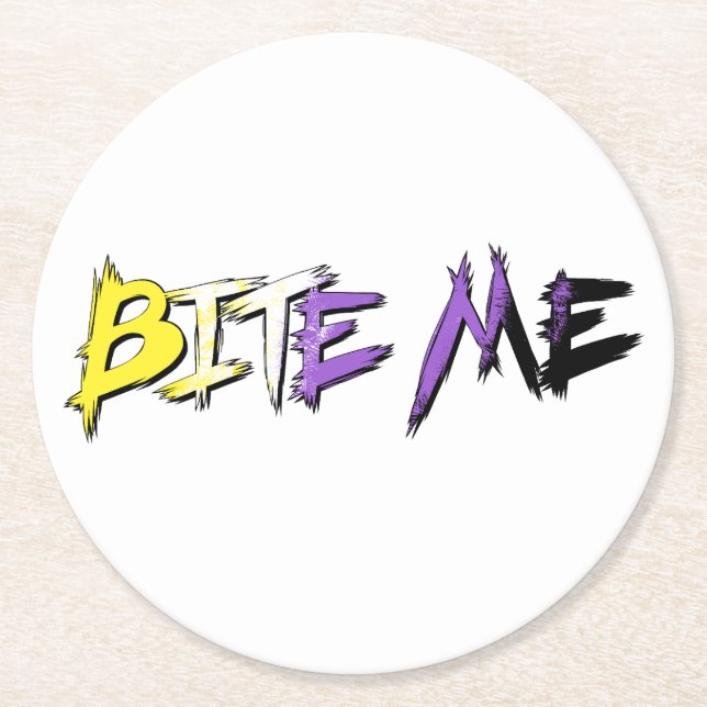 Non-Binary Pride Bite Me Round Paper Coaster (Front)