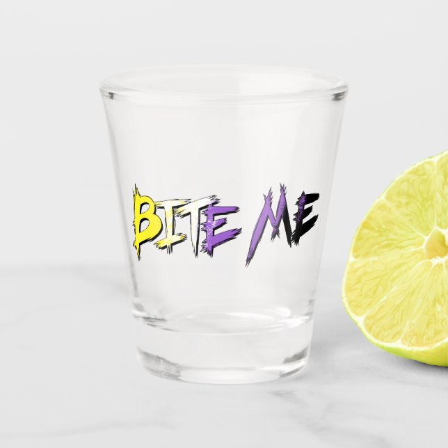 Non-Binary Pride Bite Me Shot Glass (Front)
