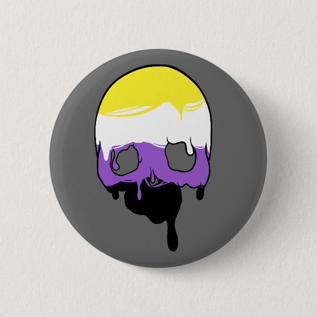 Non-Binary Pride Dripping Skull 2 Inch Round Button (Front)