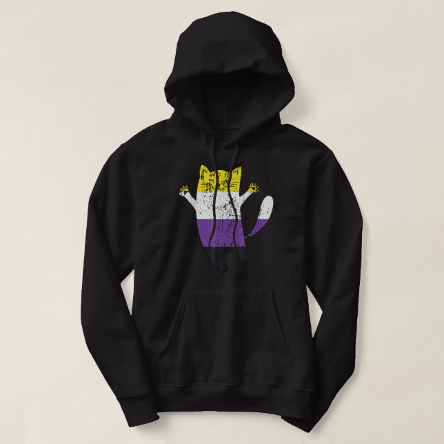 Non Binary Pride Flag Happy Cat Non Binary  Hoodie (Design Front)