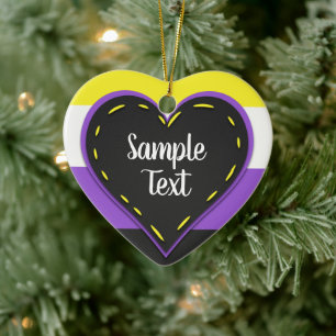 Non-binary pride flag heart with text ceramic ornament