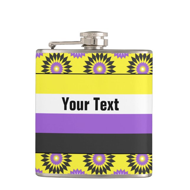 Non-binary pride flag with a yellow flower pattern hip flask (Front)