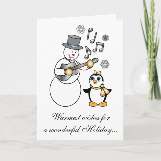 Non-Denominational Holidays Snowman and Penguin Holiday Card (Front)