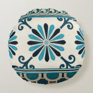 Non-Embellished Indigo Frieze II Round Pillow