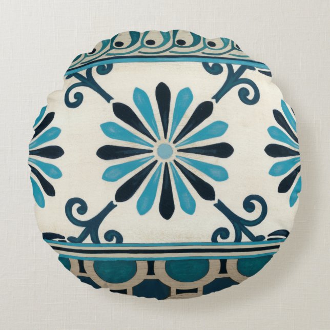 Non-Embellished Indigo Frieze II Round Pillow (Front)