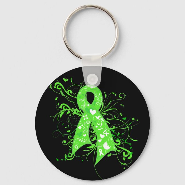 Non-Hodgkins Lymphoma Floral Swirls Ribbon Keychain (Front)