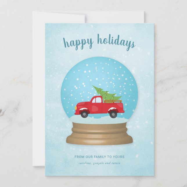 Non Photo Christmas Tree Snow Globe Old Red Truck Holiday Card (Front)