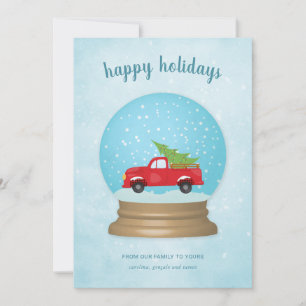 Non Photo Christmas Tree Snow Globe Old Red Truck Holiday Card