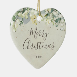 Non-Photo Custom Snowberry Christmas Heart Shaped Ceramic Ornament