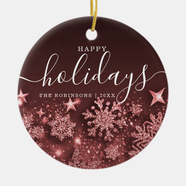 Non Photo Holiday Christmas Glitter Snow Rose Gold Ceramic Ornament (Front)