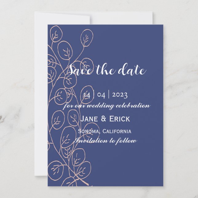 Non Photo Simple Blue Colour Ivy with Leaves   Save The Date (Front)