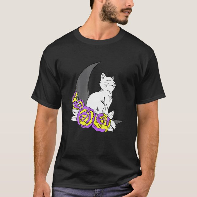 Nonbinary Cat Moon Rose Nonbinary Pride LGB Gender T-Shirt (Front)