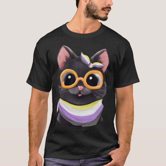 Nonbinary Flag Colours a Cute Cat for Enby Communi T-Shirt (Front)