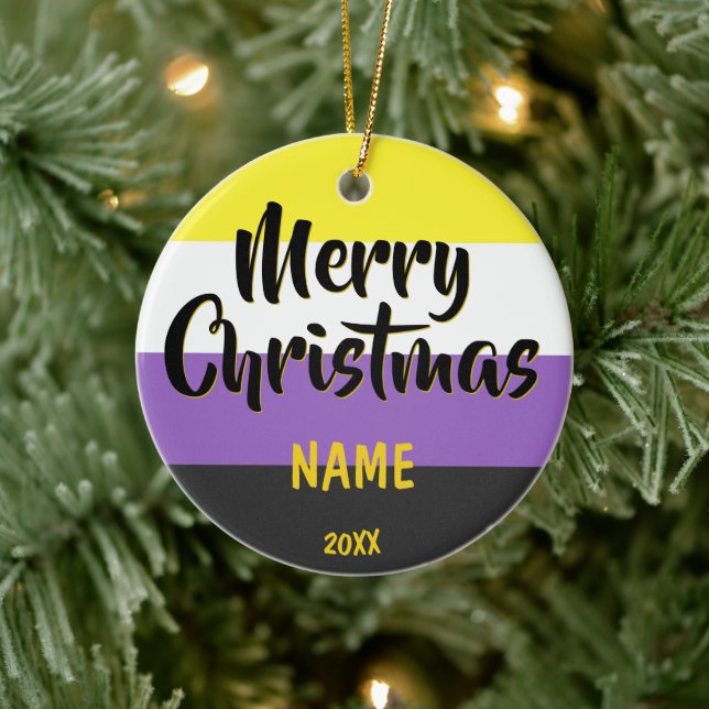 Nonbinary Flag Personalized Christmas Ceramic Ornament (Tree)