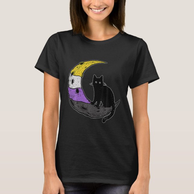 Nonbinary Moon Space Cat Lgbt Pride T-Shirt (Front)
