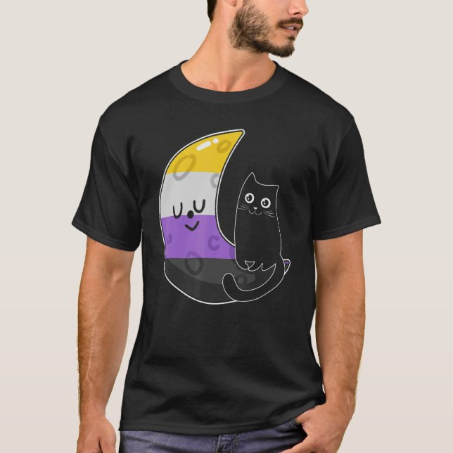 Nonbinary Moon Space Cat Lgbt Pride With Nb Non Bi T-Shirt (Front)