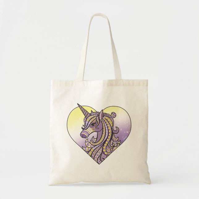 Nonbinary NB Pride Unicorn Zen Doodle Heart Tote Bag (Front)