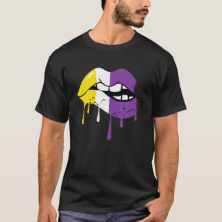 Nonbinary Pride Flag Biting Dripping Lips Mouth LG T-Shirt