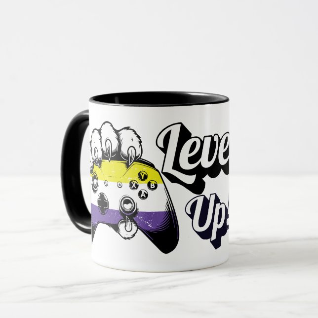 Nonbinary Pride Level Up Tiger Paw Controller Mug (Front Left)