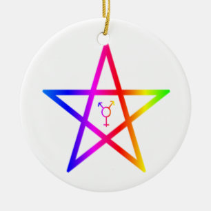 Nonbinary transgender rainbow pentagram ceramic ornament
