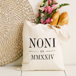 Noni Roman Numeral Year Established Tote Bag<br><div class="desc">A modern minimalist tote bag to celebrate a chic grandma,  this clean minimal tote features "Noni" or your choice of grandma nickname in black serif lettering. Customize with the year she became a grandmother beneath in elegant roman numerals for a chic touch.</div>