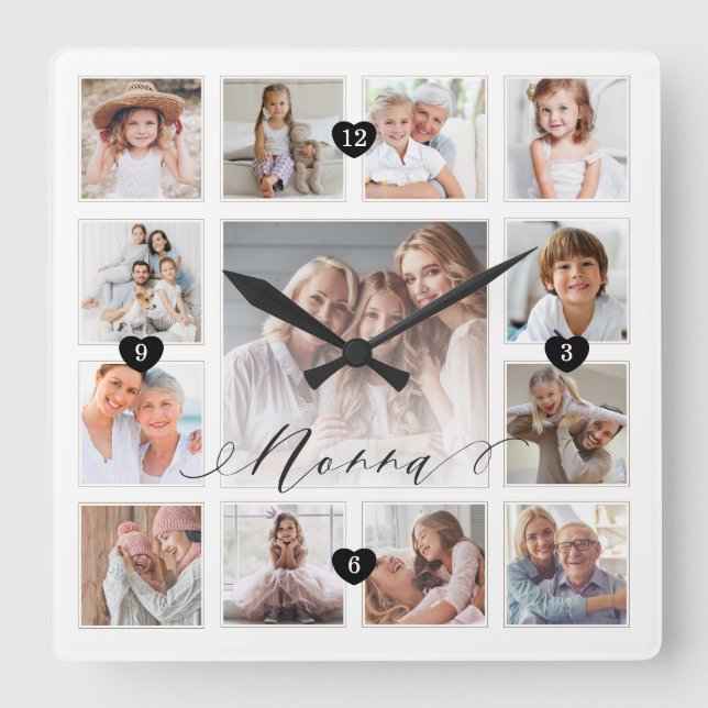 Nonna Script Family Memory Photo Grid Collage Square Wall Clock (Front)