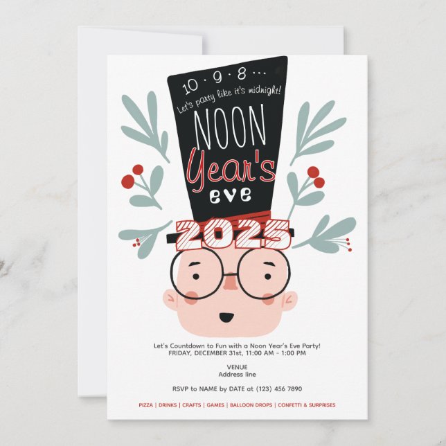 Noon Year's Eve Countdown To Noon Party Invitation (Front)