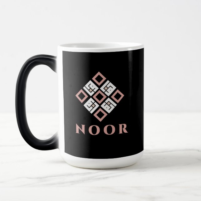 NOOR Name Mug | Modern Kufic Geometric Pattern Des (Left)