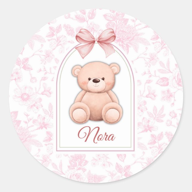 Nora | Custom Pink Teddy Bear Nursery Design  Classic Round Sticker (Front)