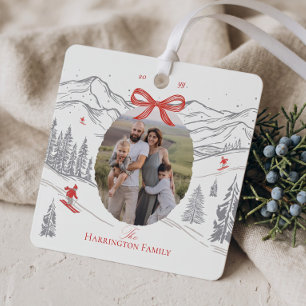 Nordic Alpine Mountain Red Bow Christmas Photo Metal Ornament