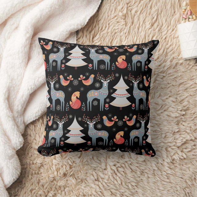 Nordic Black Reindeer Christmas Tree Floral Throw Pillow (Blanket)