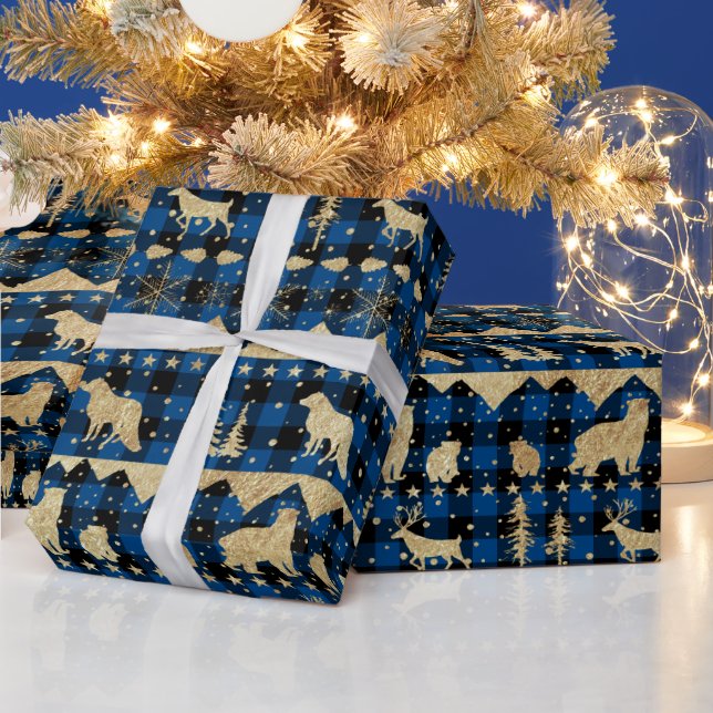 Nordic Blue Buffalo Plaid Gold Winter Animals Wrapping Paper (Holidays)