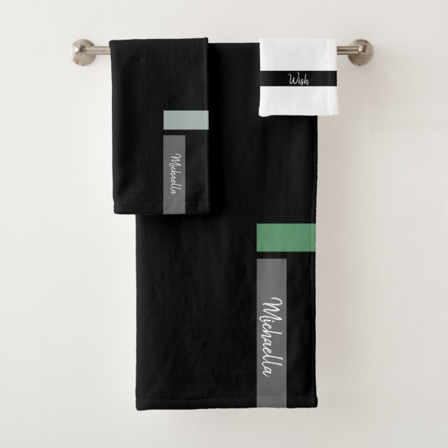 Nordic Blue Kale Green Detail Monogrammed Bath Towel Set (Insitu)