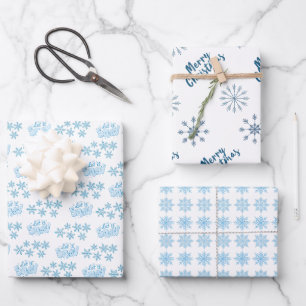 Nordic Blue Merry Christmas Let It Snow Snowflakes Wrapping Paper Sheet