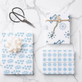 Nordic Blue Merry Christmas Let It Snow Snowflakes Wrapping Paper Sheet