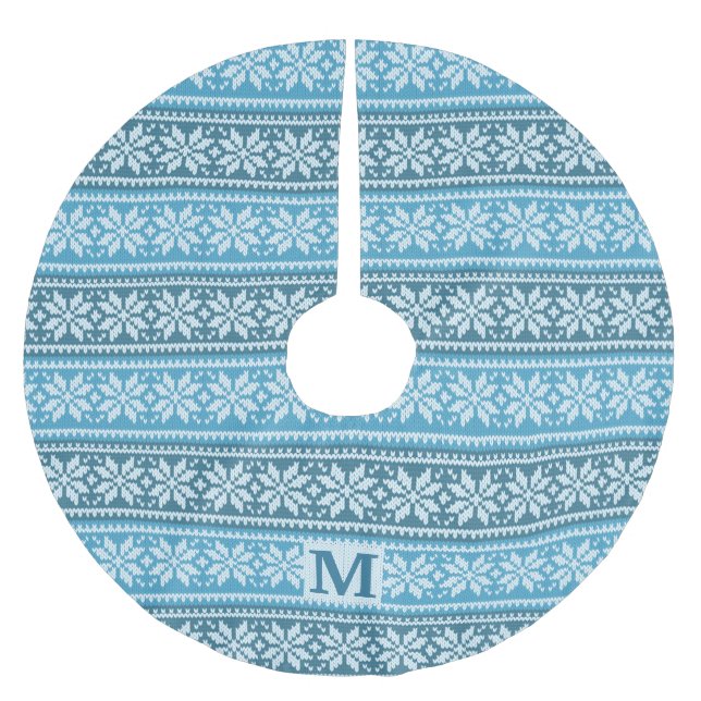 Nordic Blue Snowflake Faux Knit Sweater Monogram Brushed Polyester Tree Skirt (Front)