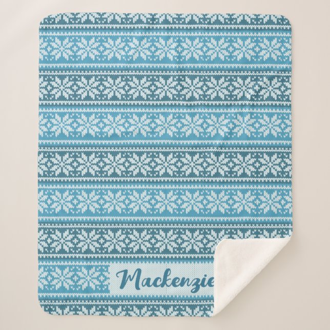 Nordic Blue Snowflake Knit Sweater Personalized Sherpa Blanket (Front)